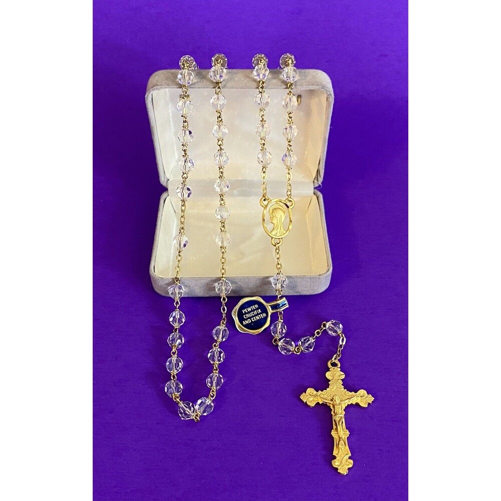 Vintage Faceted Crystal Rosary w/box, Pewter, Virgin Mary, Christianity, 22”
